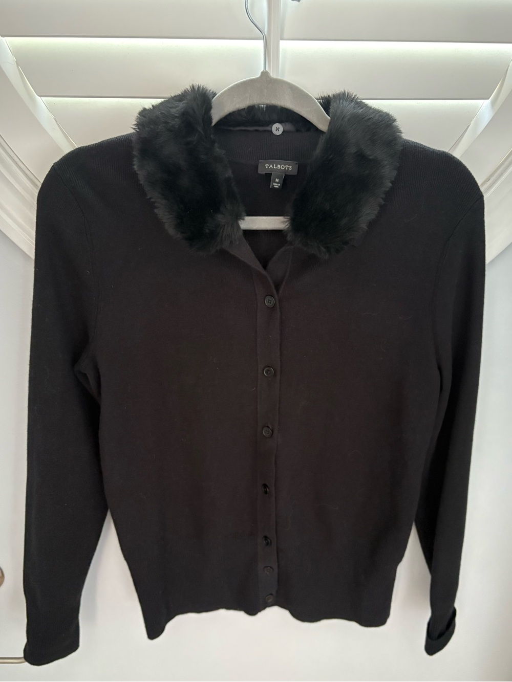 Talbots black faux fur button up sweater size medium